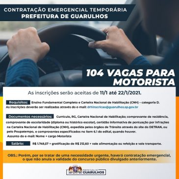 Prefeitura de Guarulhos abre inscrições para contratação temporária emergencial de 104 motoristas